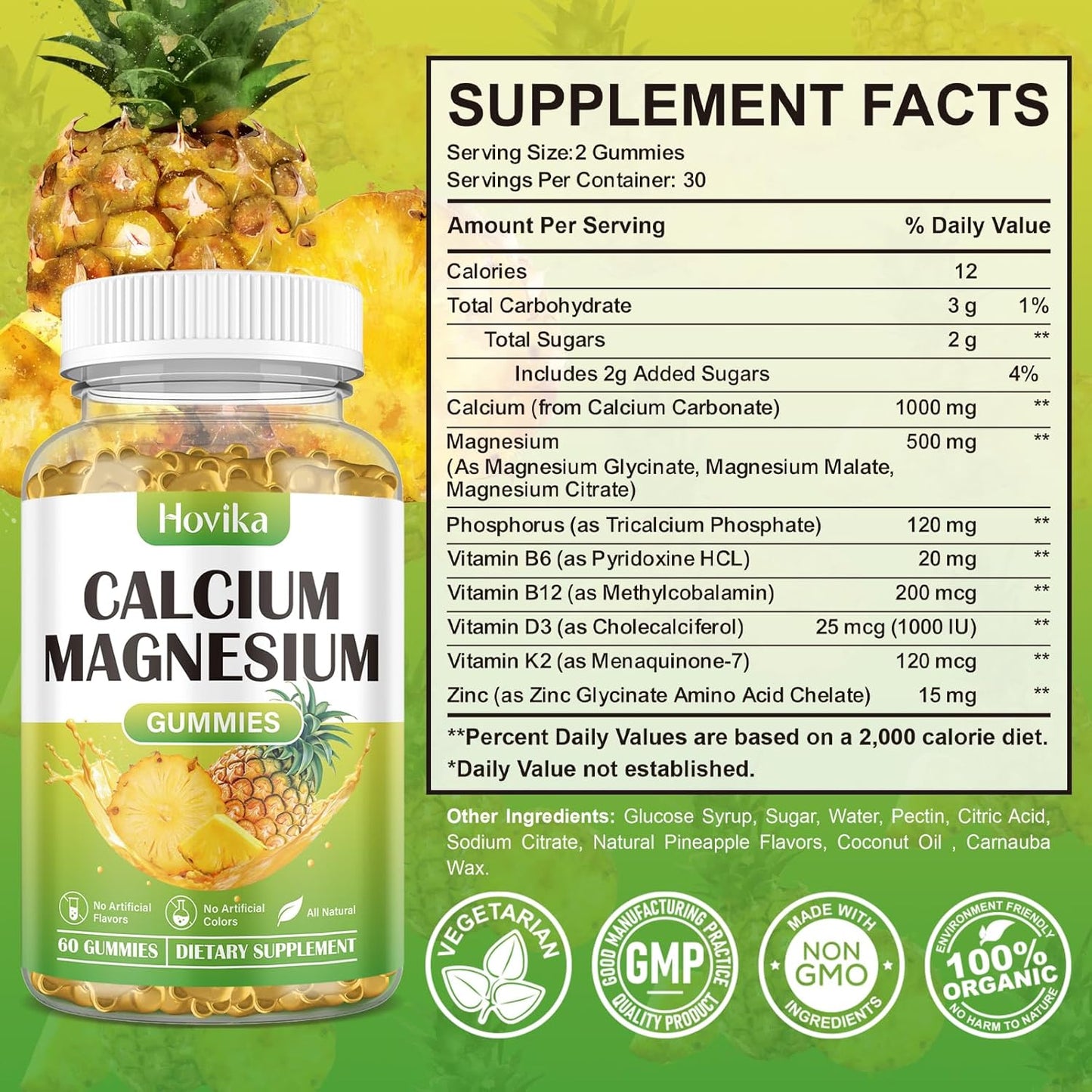 Vegan Calcium Magnesium Zinc Gummies with Vitamin D3, K2, B6, B12 for Bone Strength and Nerve Health - Pineapple Flavor, 60 Gummies