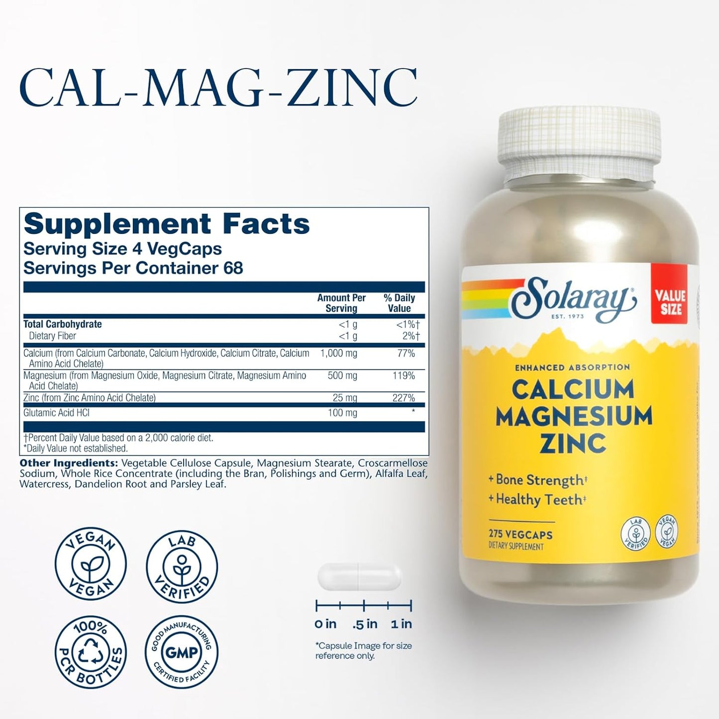 Vegan Calcium Magnesium Zinc Supplement - 1000mg Calcium, 500mg Magnesium - Bone, Muscle, Heart Health - 275 VegCaps, 60 Day Guarantee