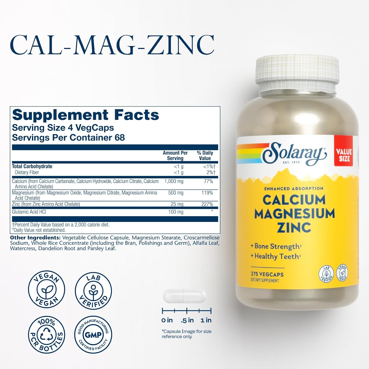 Vegan Calcium Magnesium Zinc Supplement - 1000mg Calcium, 500mg Magnesium - Bone, Muscle, Heart Health - 275 VegCaps, 60 Day Guarantee