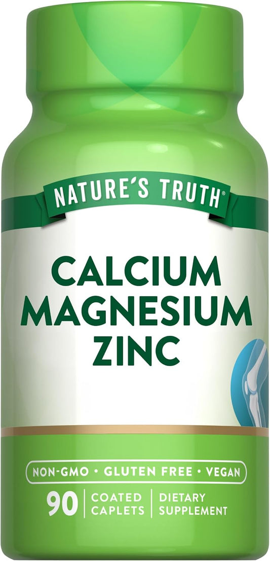 Vegan Calcium Magnesium Zinc Supplement 90 Coated Caplets - Non-GMO & Gluten Free