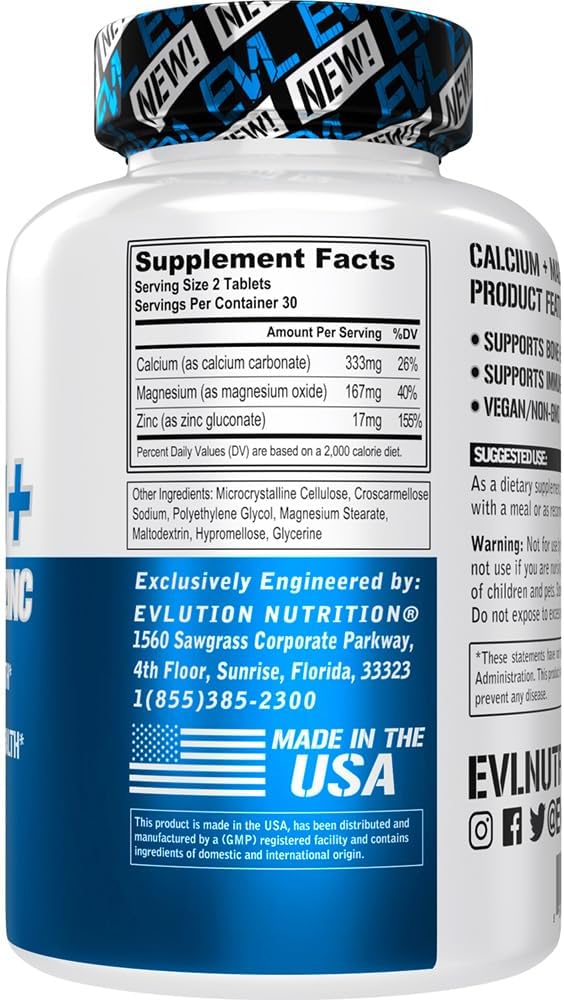 Vegan Calcium, Magnesium, Zinc Supplement for Bone, Muscle, Immune Health - Non-GMO - 30 Servings