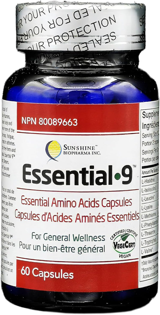 Vegan Certified Essential 9 Amino Acid Capsules for Immunity, Muscle Protection, Wellness, and Energy by Sunshine Biopharma