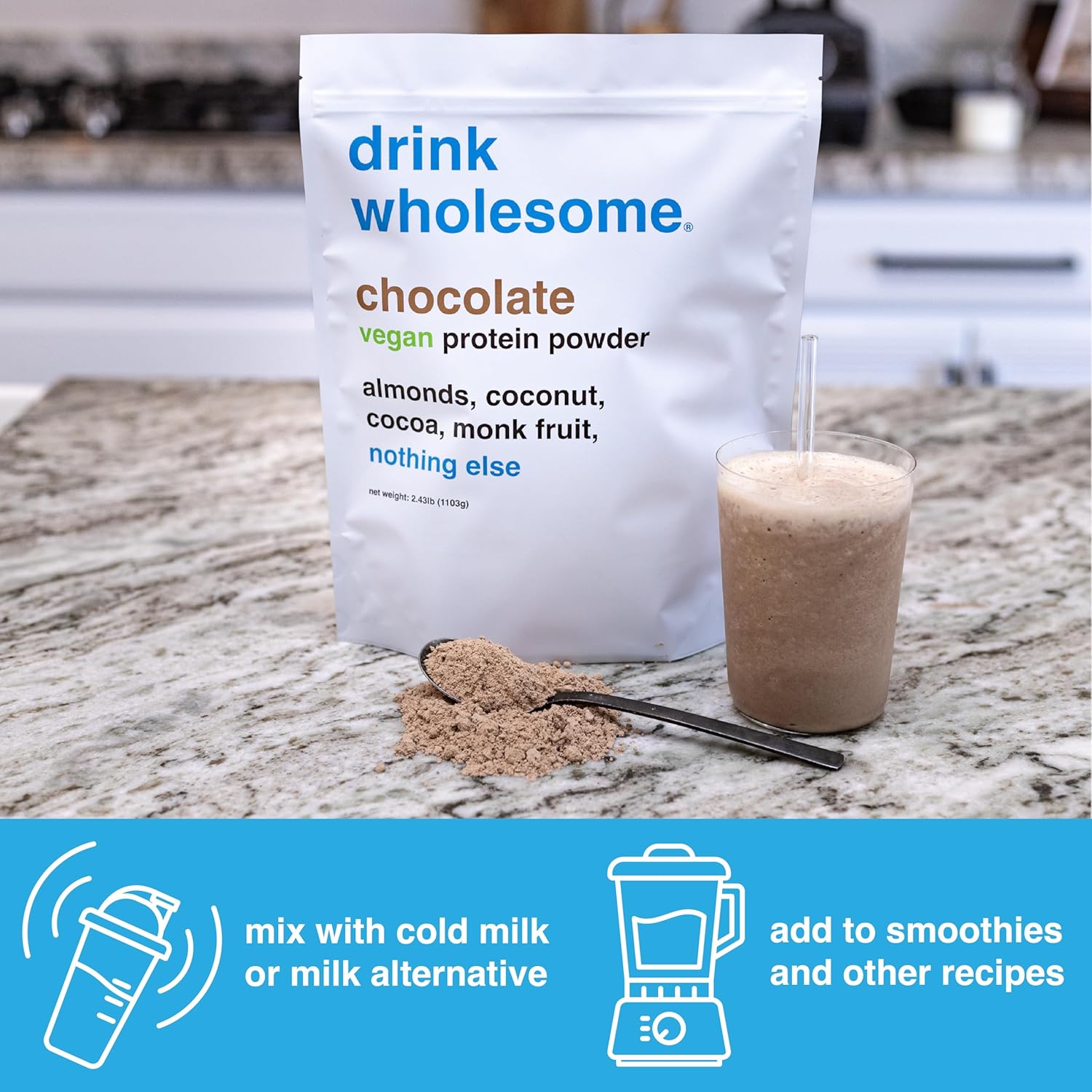 Vegan Chocolate Almond Protein Powder - Gentle on Stomachs, No Artificial Sweeteners, Low Sodium, Paleo, Kid & Senior Safe