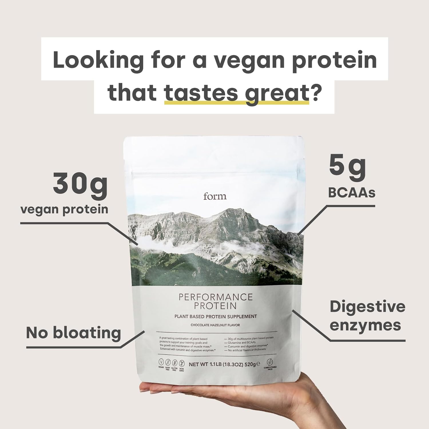 Vegan Chocolate Hazelnut Protein Powder - 30g Plant Based Protein with BCAAs & Digestive Enzymes - Ideal Post Workout Drink