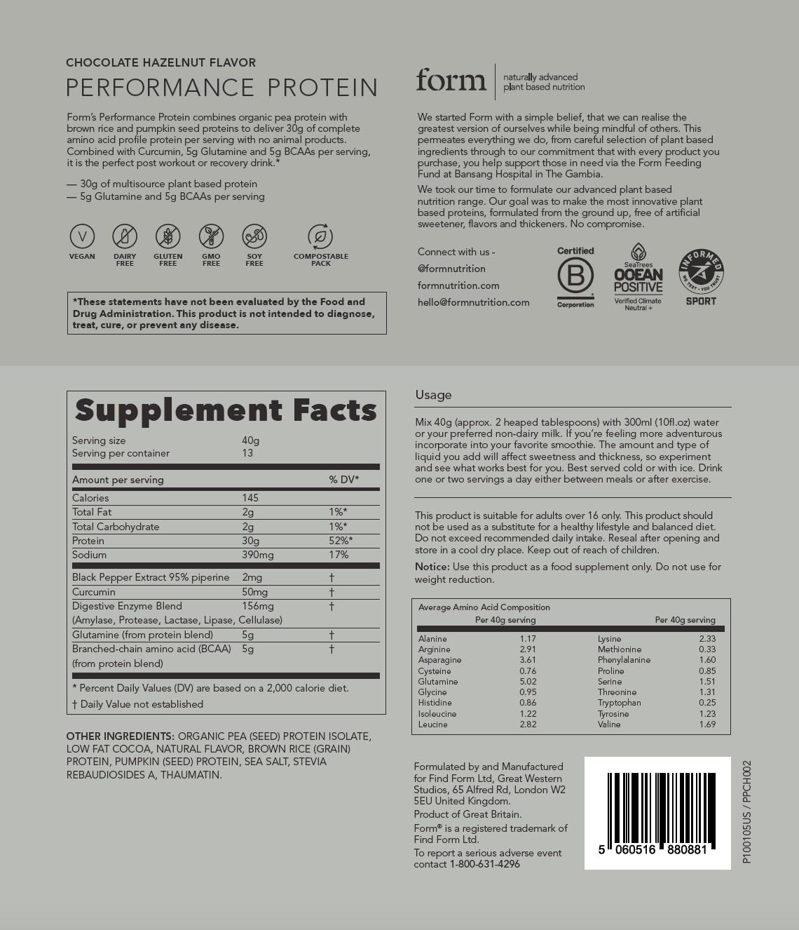 Vegan Chocolate Hazelnut Protein Powder - 30g Plant Based Protein with BCAAs & Digestive Enzymes - Ideal Post Workout Drink