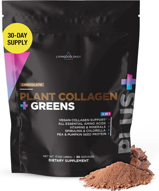 Vegan Chocolate Plant Collagen Protein Powder with Vitamin C and Spirulina for Healthy Hair, Skin, and Nails - Energy and Muscle Growth Supplement - 30 Servings