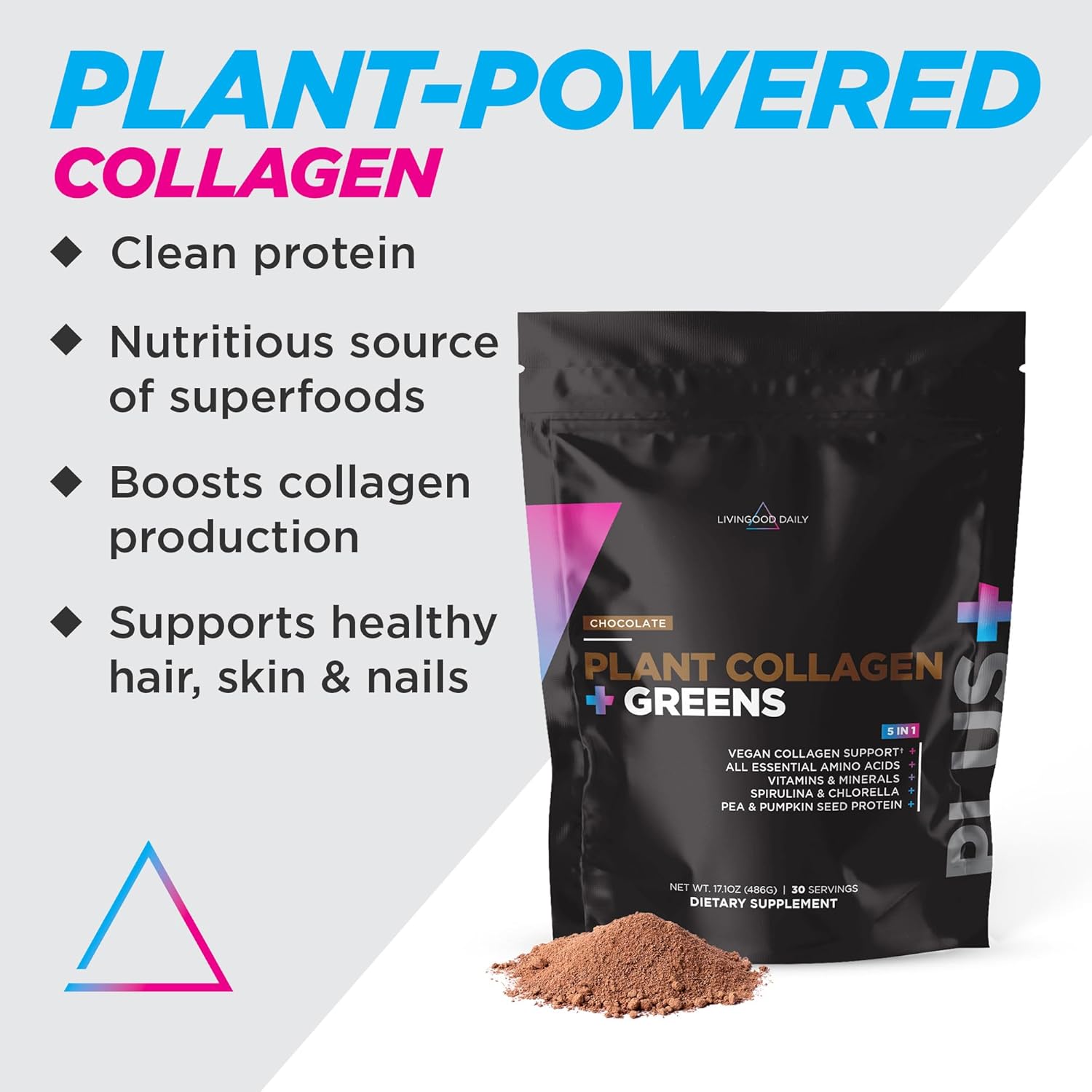 Vegan Chocolate Plant Collagen Protein Powder with Vitamin C and Spirulina for Healthy Hair, Skin, and Nails - Energy and Muscle Growth Supplement - 30 Servings