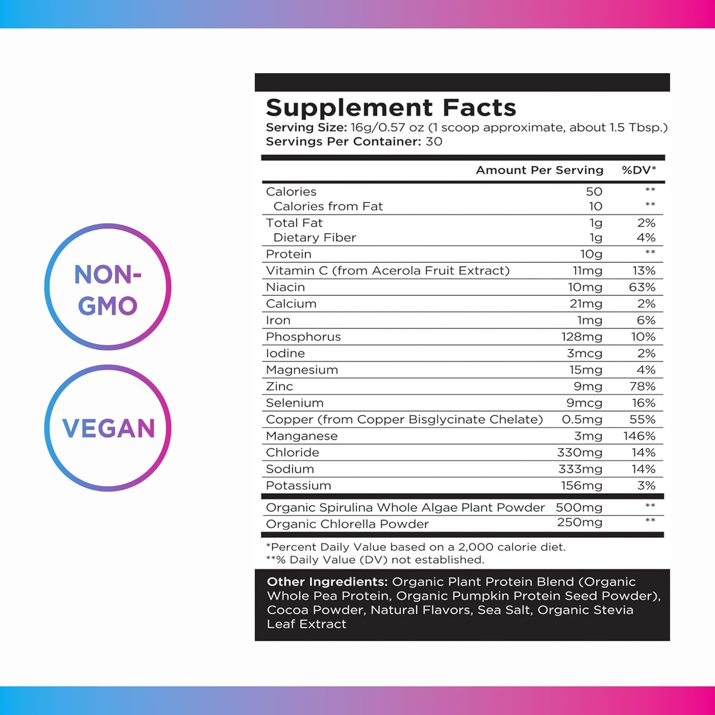 Vegan Chocolate Plant Collagen Protein Powder with Vitamin C and Spirulina for Healthy Hair, Skin, and Nails - Energy and Muscle Growth Supplement - 30 Servings