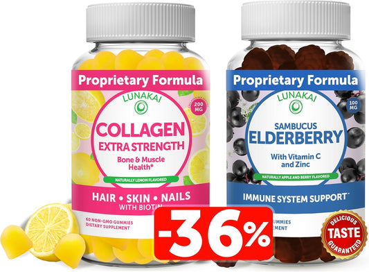 Vegan Collagen and Elderberry Gummies Bundle - Anti Aging & Immune Support for Adults & Kids - Non-GMO, Gelatin-Free, All Natural