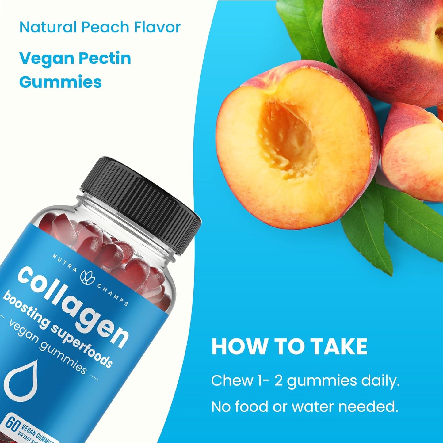 Vegan Collagen Booster Gummies for Natural Production - Peach Flavored Supplement for Women & Men - 60 Vitamins