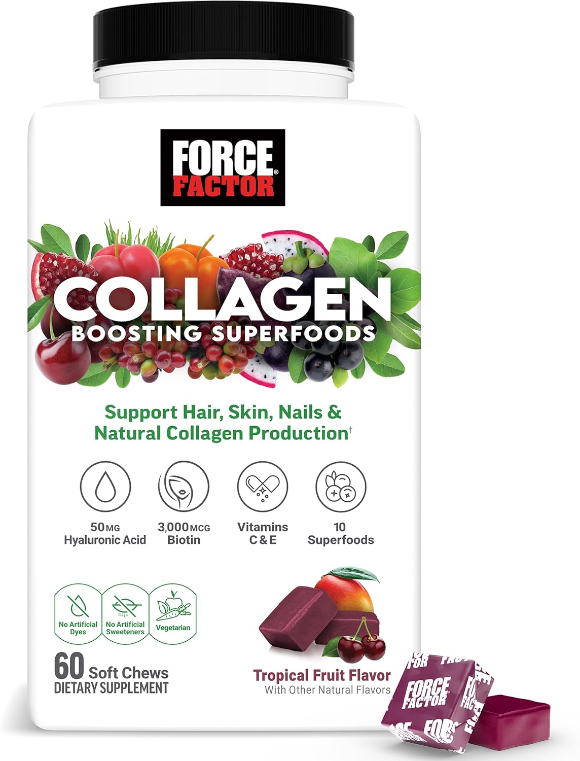 Vegan Collagen Booster with Biotin, Hyaluronic Acid, Vitamin C - Tropical Fruit Soft Chews for Hair, Skin, Nails, Joint Support - 60 Count
