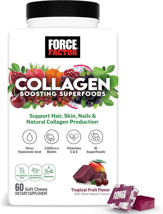 Vegan Collagen Booster with Biotin, Hyaluronic Acid, Vitamin C - Tropical Fruit Soft Chews for Hair, Skin, Nails, Joint Support - 60 Count