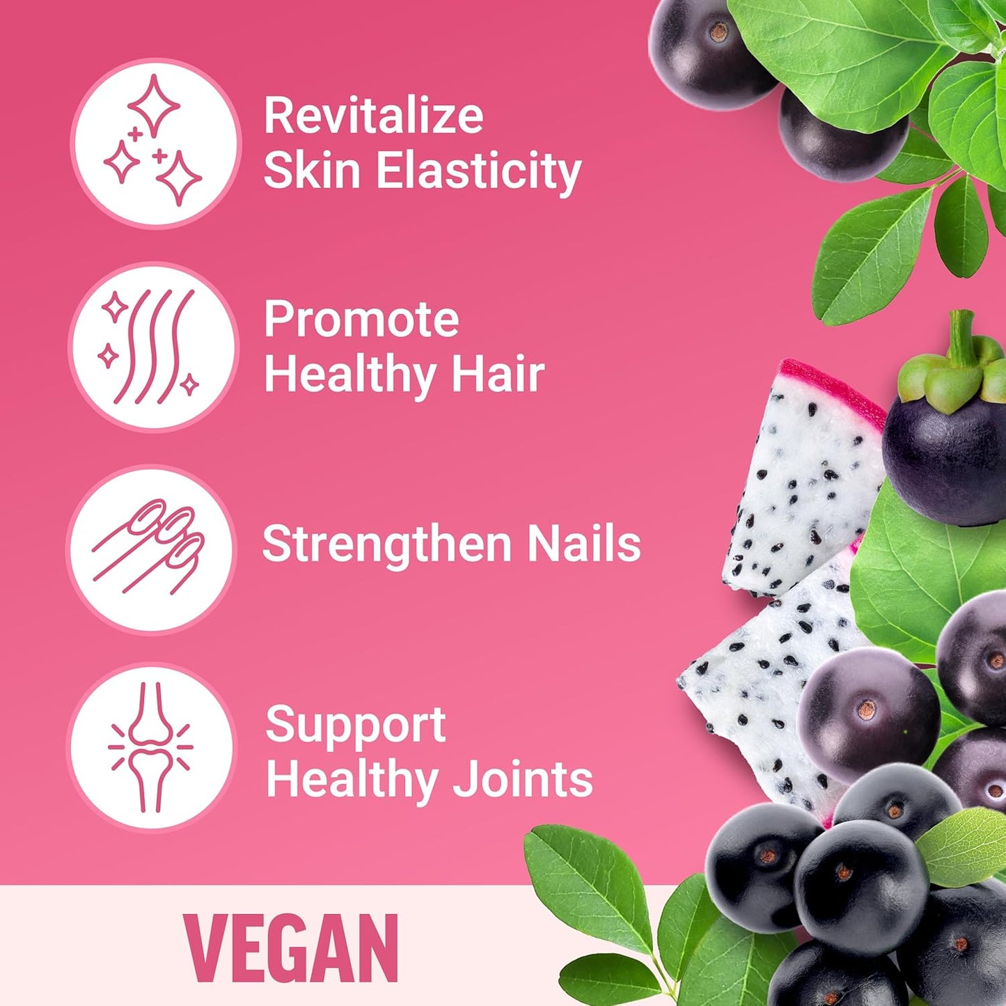 Vegan Collagen Booster with Biotin, Hyaluronic Acid, Vitamin C - Tropical Fruit Soft Chews for Hair, Skin, Nails, Joint Support - 60 Count
