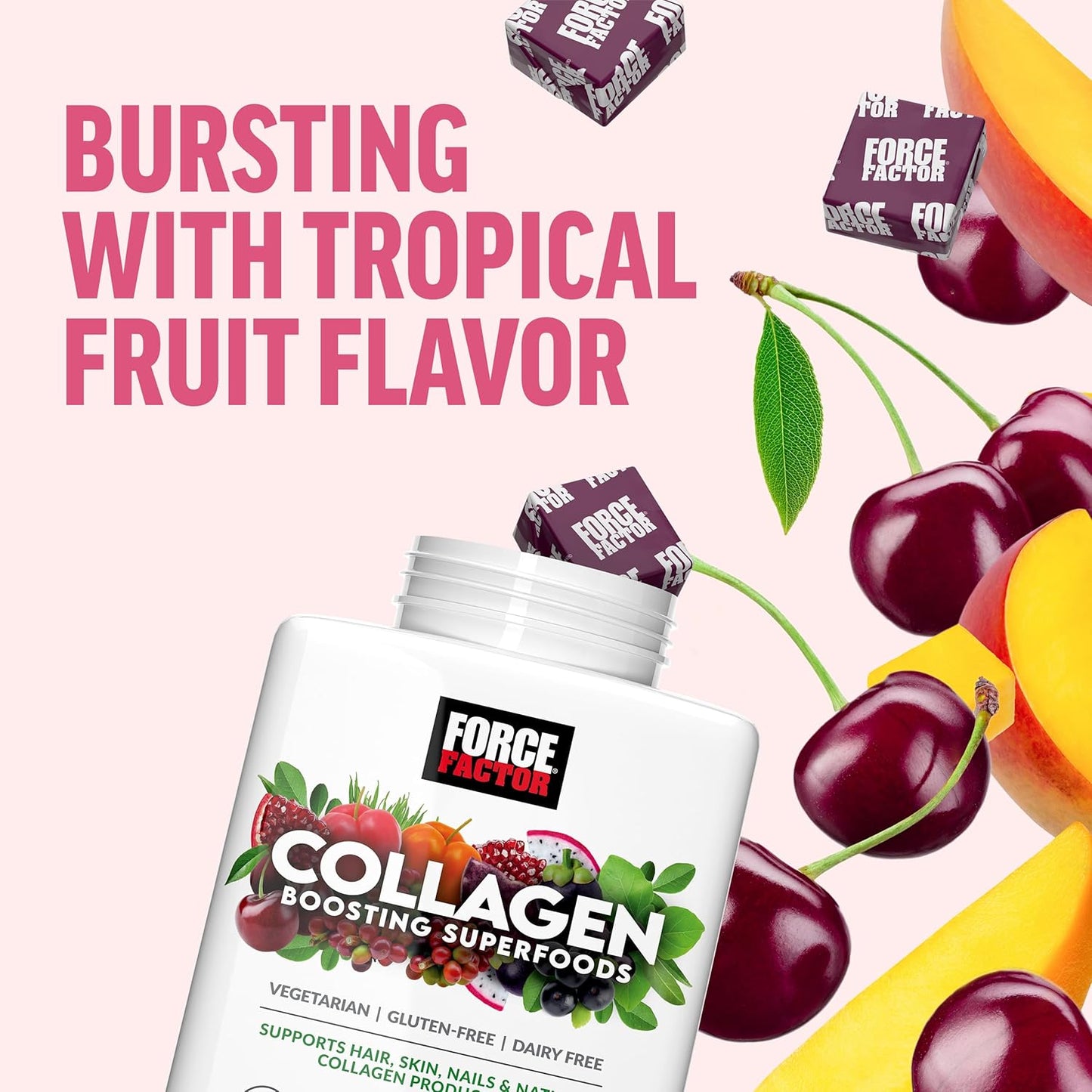 Vegan Collagen Booster with Biotin, Hyaluronic Acid, Vitamin C - Tropical Fruit Soft Chews for Hair, Skin, Nails, Joint Support - 60 Count