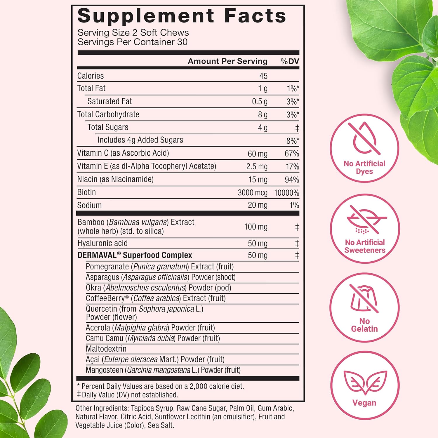 Vegan Collagen Booster with Biotin, Hyaluronic Acid, Vitamin C - Tropical Fruit Soft Chews for Hair, Skin, Nails, Joint Support - 60 Count