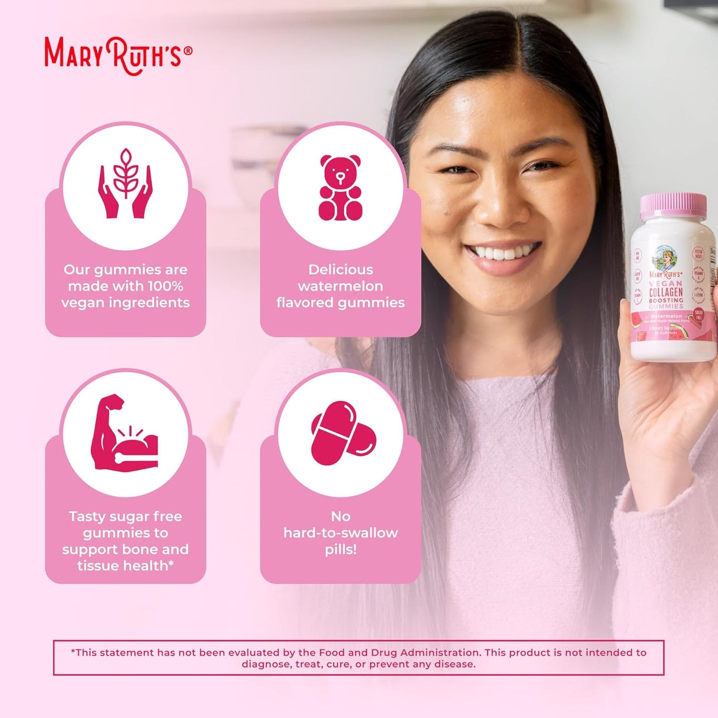 Vegan Collagen Boosting Gummies for Hair & Skin - MaryRuth Organics Supplement with Lysine, Vitamin C, Amla, Non-GMO - 90 Servings
