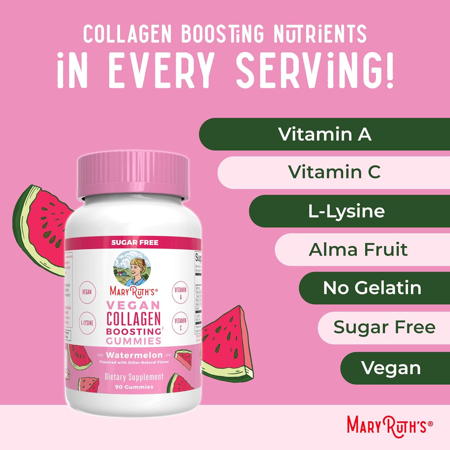 Vegan Collagen Boosting Gummies for Hair & Skin - MaryRuth Organics Supplement with Lysine, Vitamin C, Amla, Non-GMO - 90 Servings