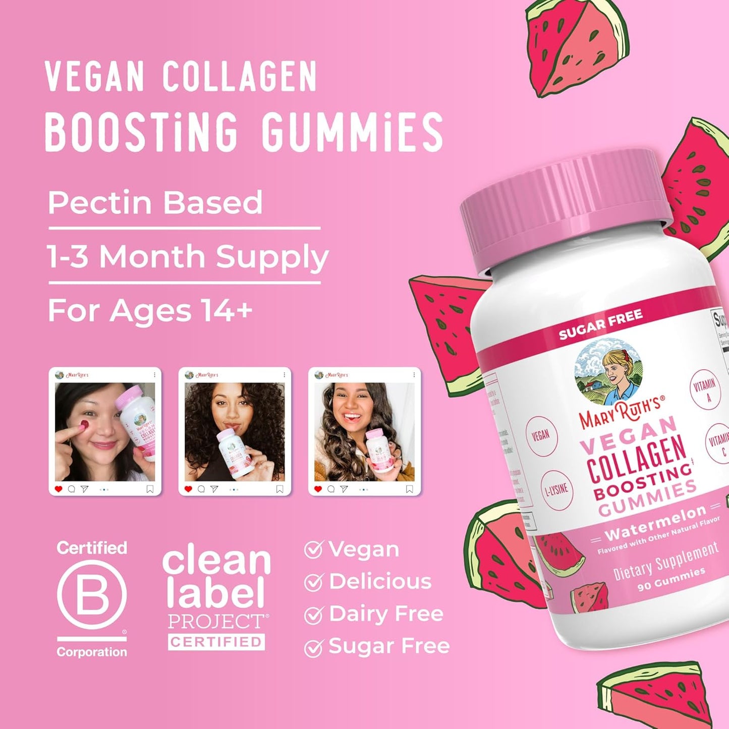 Vegan Collagen Boosting Gummies for Hair & Skin - MaryRuth Organics Supplement with Lysine, Vitamin C, Amla, Non-GMO - 90 Servings