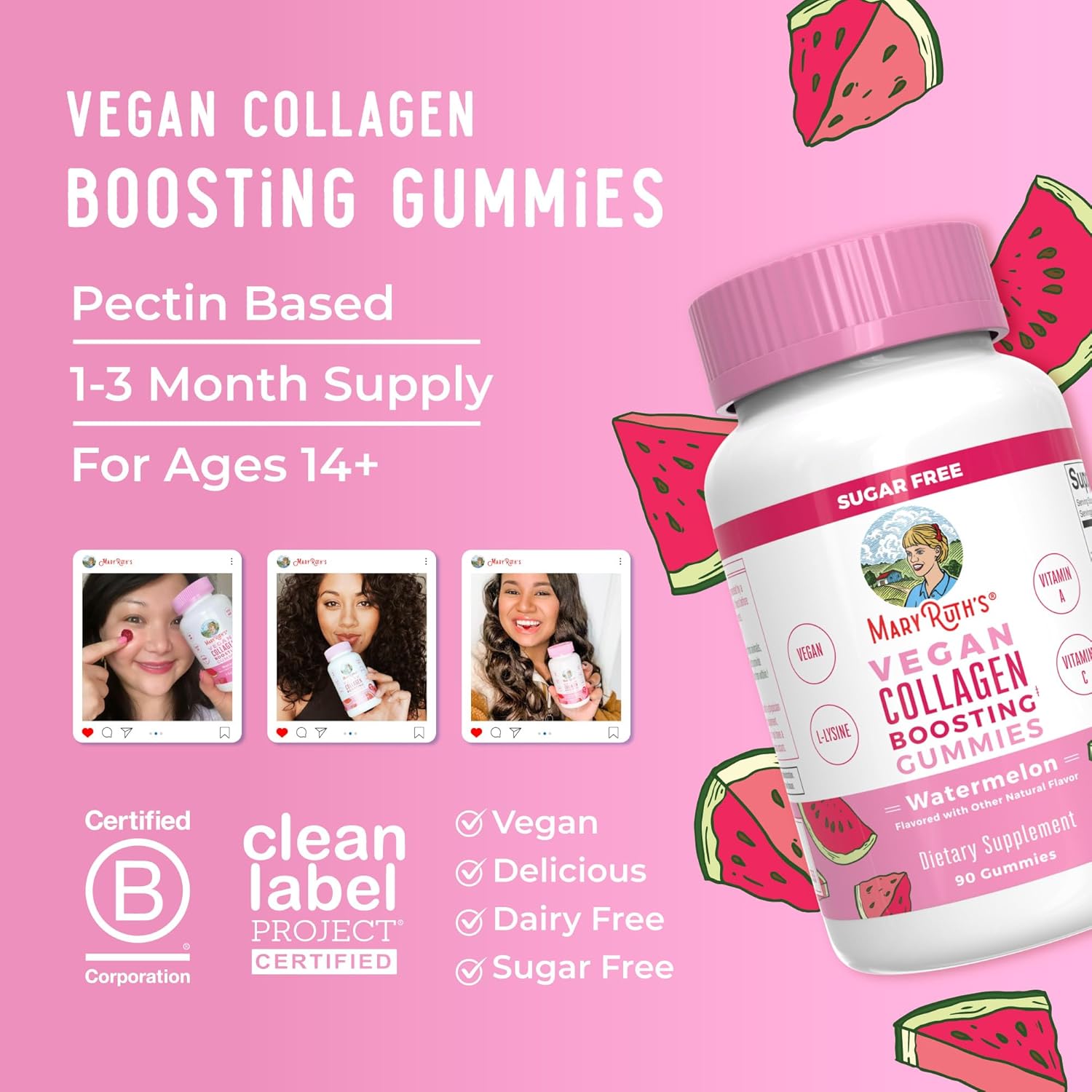 Vegan Collagen Boosting Gummies for Hair & Skin - MaryRuth Organics Supplement with Lysine, Vitamin C, Amla, Non-GMO - 90 Servings