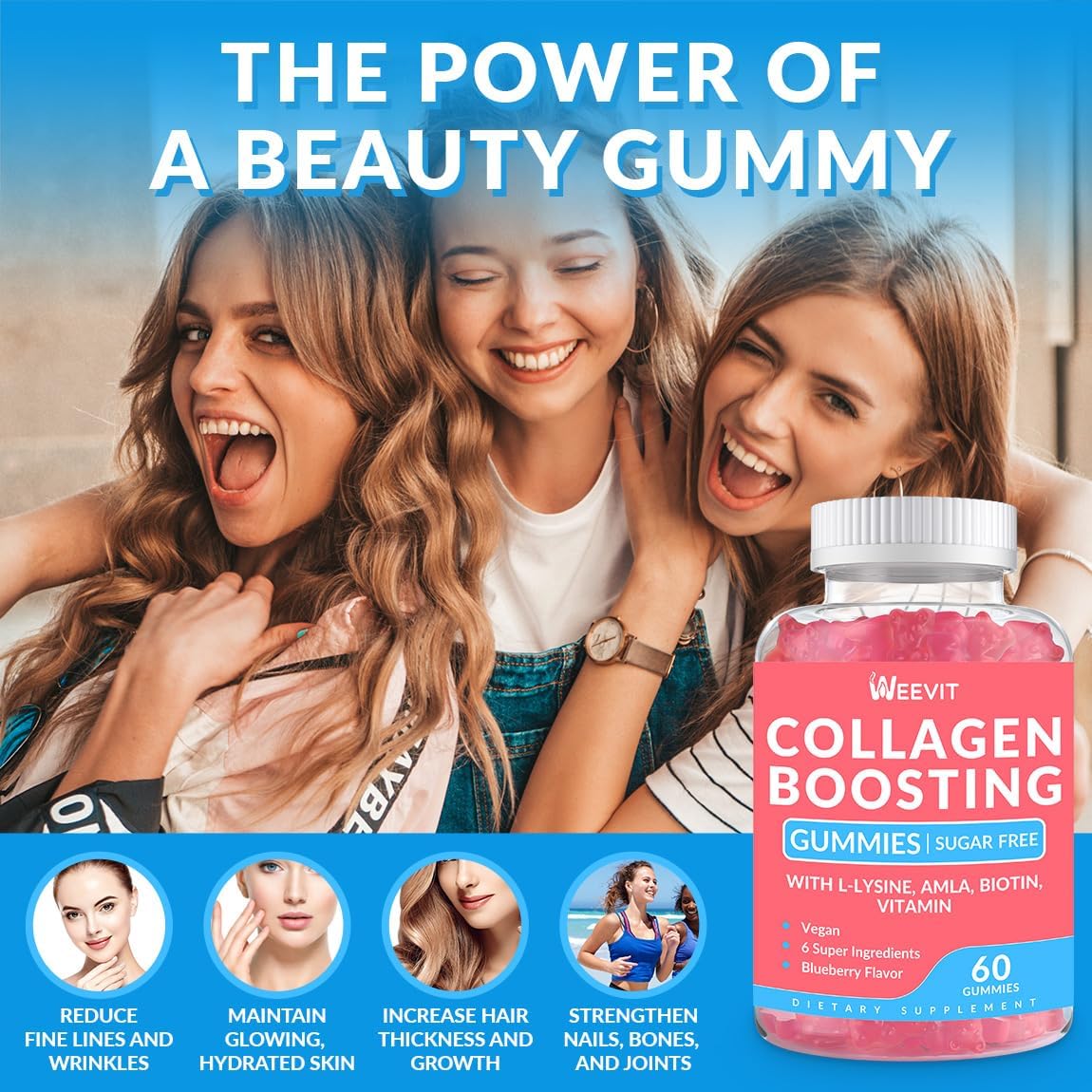 Vegan Collagen Boosting Gummies with L-Lysine, Amla, Biotin, Vitamin C, A, E - Hair, Skin, Nails & Joint Supplement