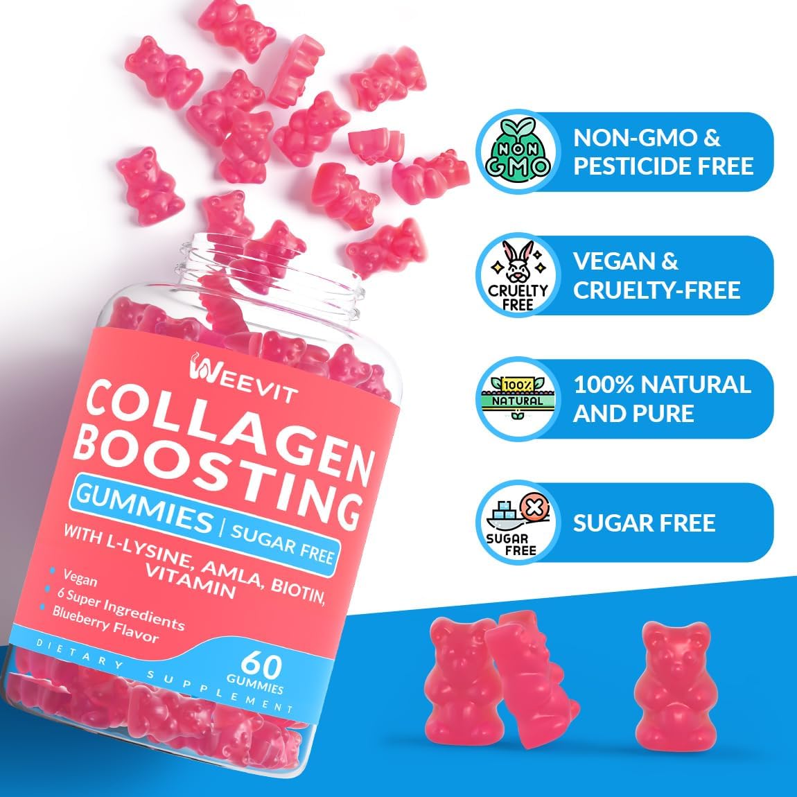 Vegan Collagen Boosting Gummies with L-Lysine, Amla, Biotin, Vitamin C, A, E - Hair, Skin, Nails & Joint Supplement