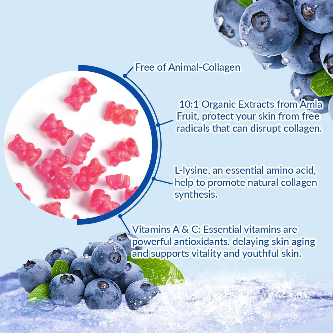 Vegan Collagen Boosting Gummies with L-Lysine, Amla, Biotin, Vitamin C, A, E - Hair, Skin, Nails & Joint Supplement