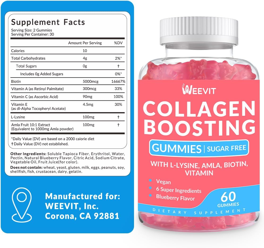 Vegan Collagen Boosting Gummies with L-Lysine, Amla, Biotin, Vitamin C, A, E - Hair, Skin, Nails & Joint Supplement