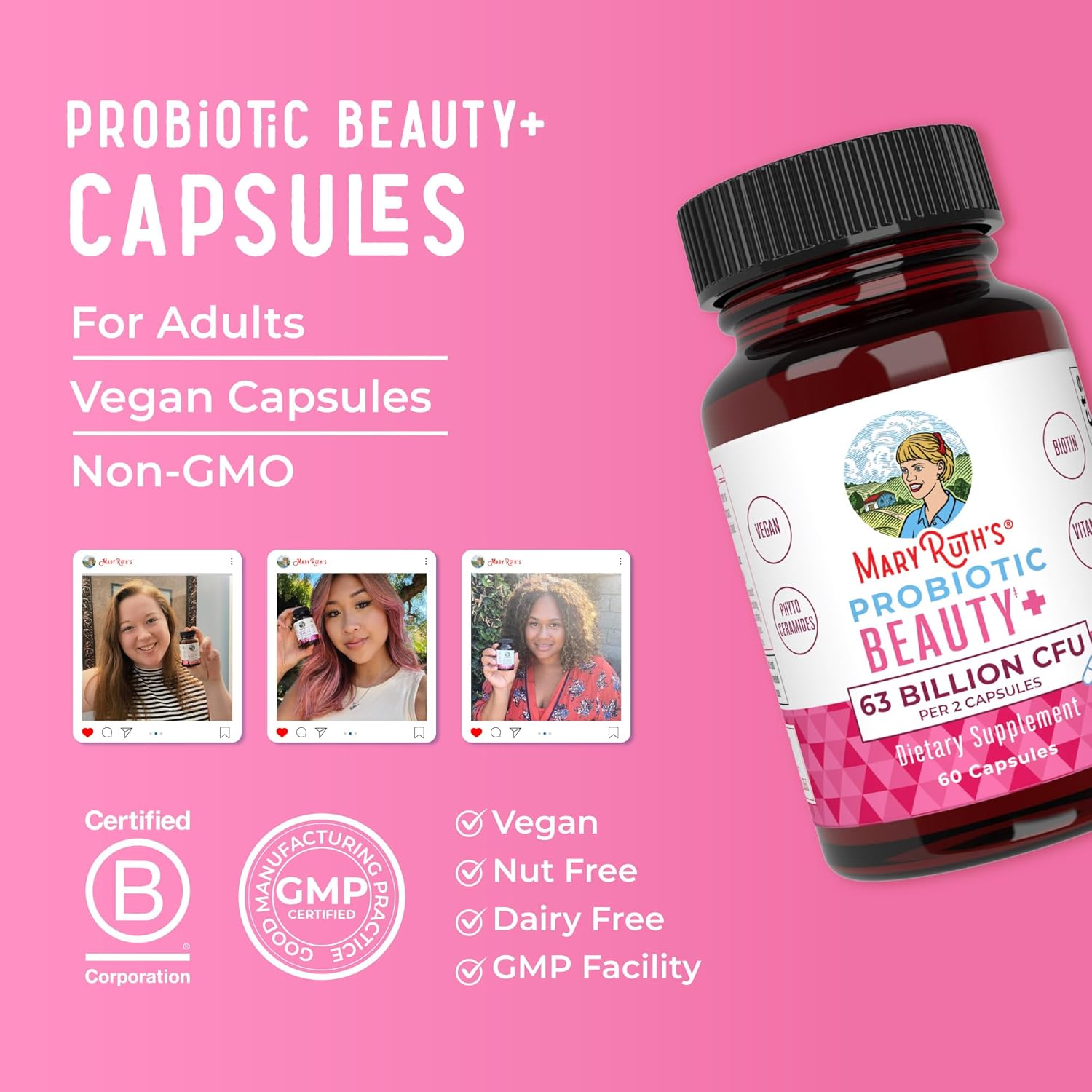 Vegan Collagen & Probiotic Capsules for Hair, Skin, Nails | MaryRuth Organics | 1 Month Supply | Biotin | Non-GMO | 60 Count