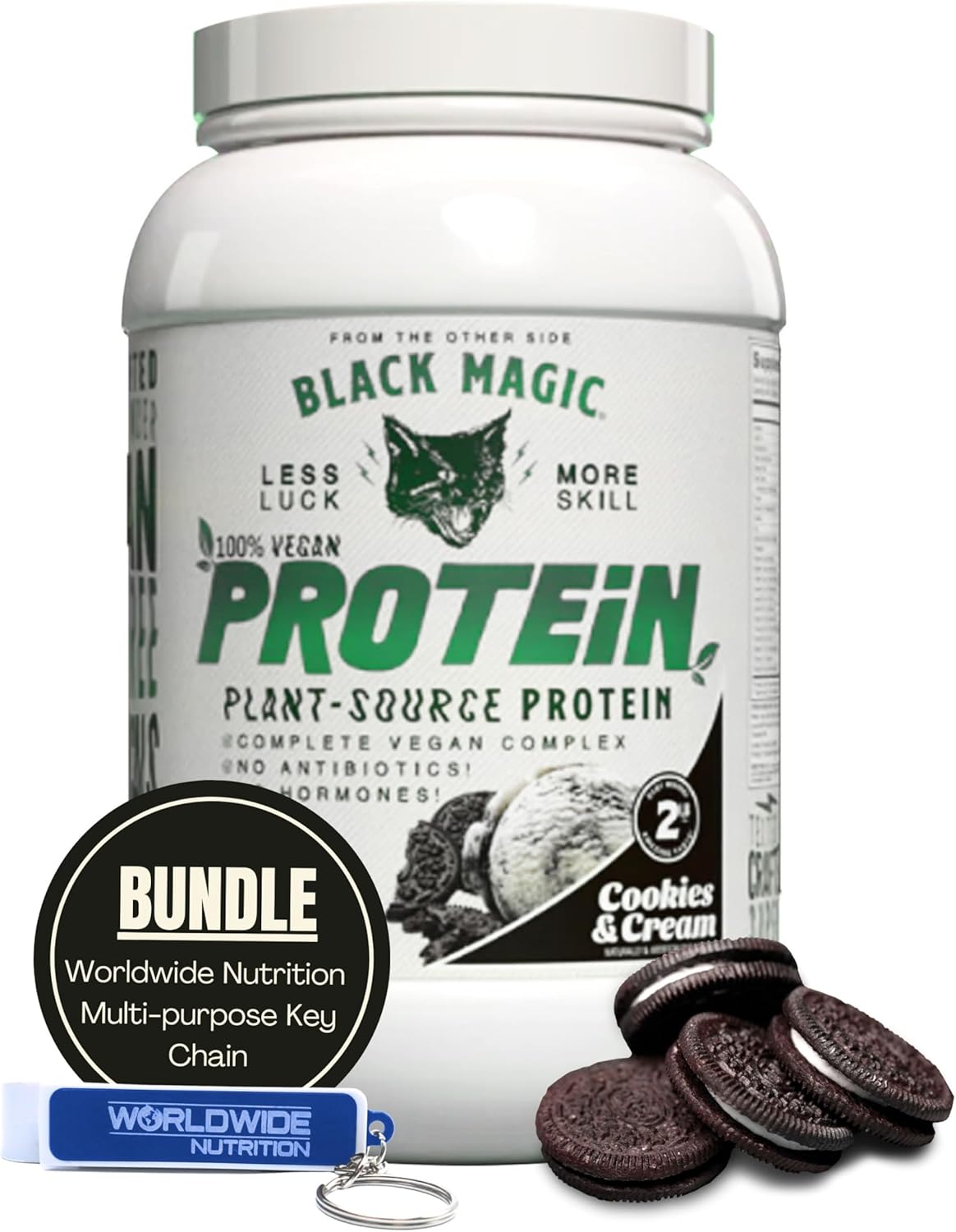 Vegan Cookies and Cream High Protein Powder Bundle - 2 LB with Keychain | Compatible with Black Magic Multi-Source Protein Powder | Low Carb, Low Sugar Blend of Whey, Egg & Casein