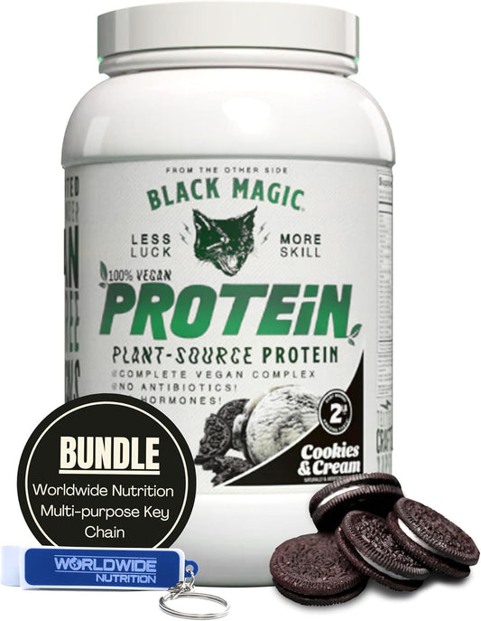 Vegan Cookies and Cream High Protein Powder Bundle - 2 LB with Keychain | Compatible with Black Magic Multi-Source Protein Powder | Low Carb, Low Sugar Blend of Whey, Egg & Casein