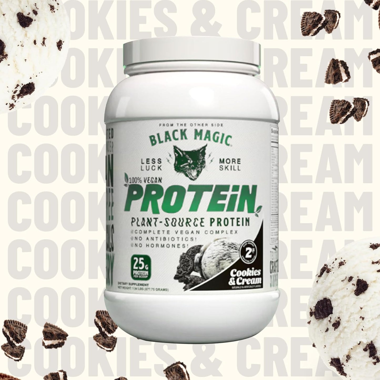 Vegan Cookies and Cream High Protein Powder Bundle - 2 LB with Keychain | Compatible with Black Magic Multi-Source Protein Powder | Low Carb, Low Sugar Blend of Whey, Egg & Casein