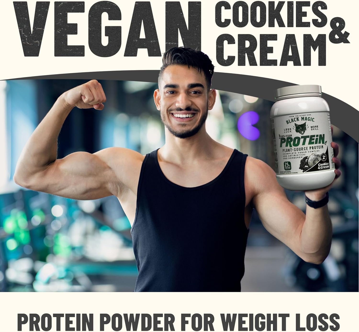 Vegan Cookies and Cream High Protein Powder Bundle - 2 LB with Keychain | Compatible with Black Magic Multi-Source Protein Powder | Low Carb, Low Sugar Blend of Whey, Egg & Casein