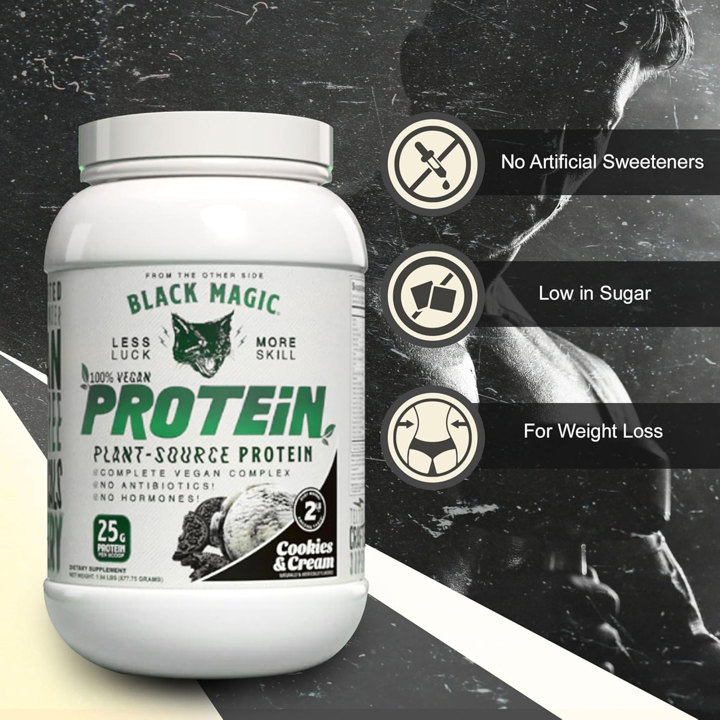 Vegan Cookies and Cream High Protein Powder Bundle - 2 LB with Keychain | Compatible with Black Magic Multi-Source Protein Powder | Low Carb, Low Sugar Blend of Whey, Egg & Casein