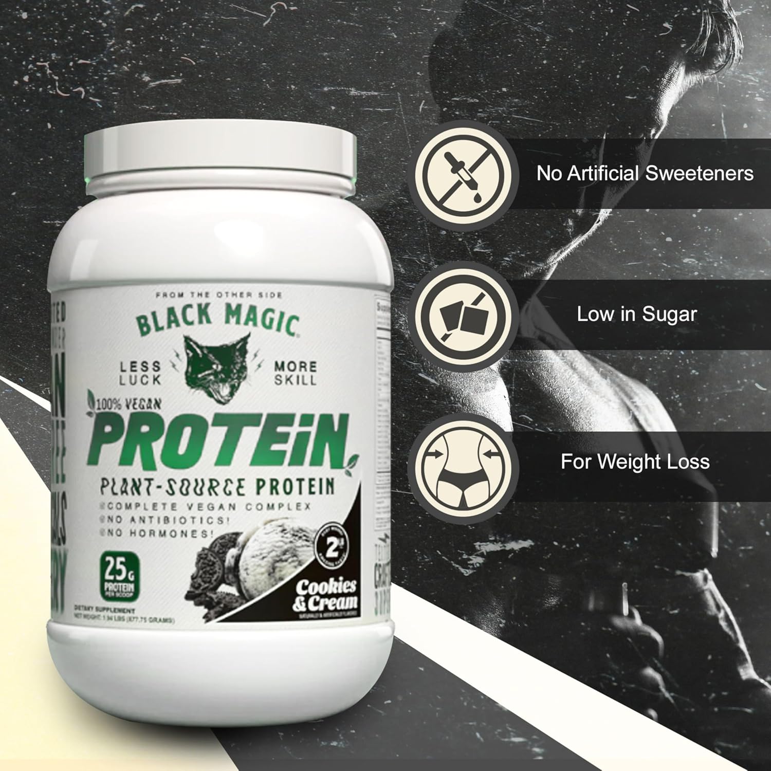 Vegan Cookies and Cream High Protein Powder Bundle - 2 LB with Keychain | Compatible with Black Magic Multi-Source Protein Powder | Low Carb, Low Sugar Blend of Whey, Egg & Casein