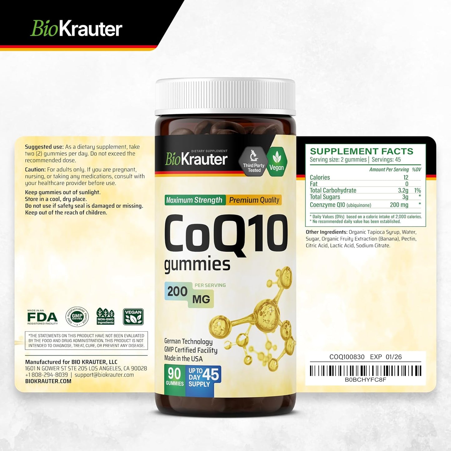 Vegan CoQ10 Gummies - 200mg Coenzyme Q10 Supplement - Antioxidant Pectin-Based Chewables - 90 Count