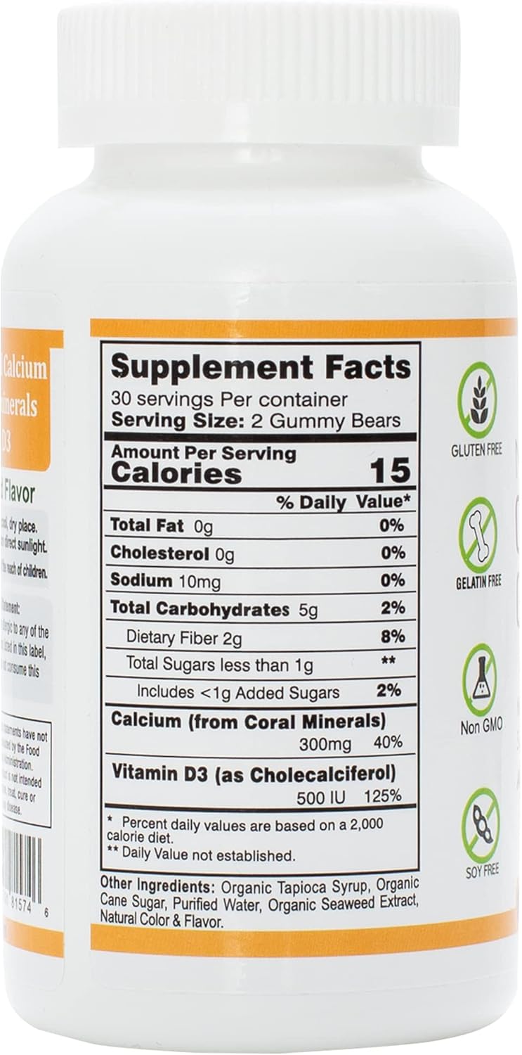 Vegan Coral Calcium Gummies with Trace Minerals - Gluten-Free & Tasty - Natural Calcium & Vitamin D3 - 60 Count