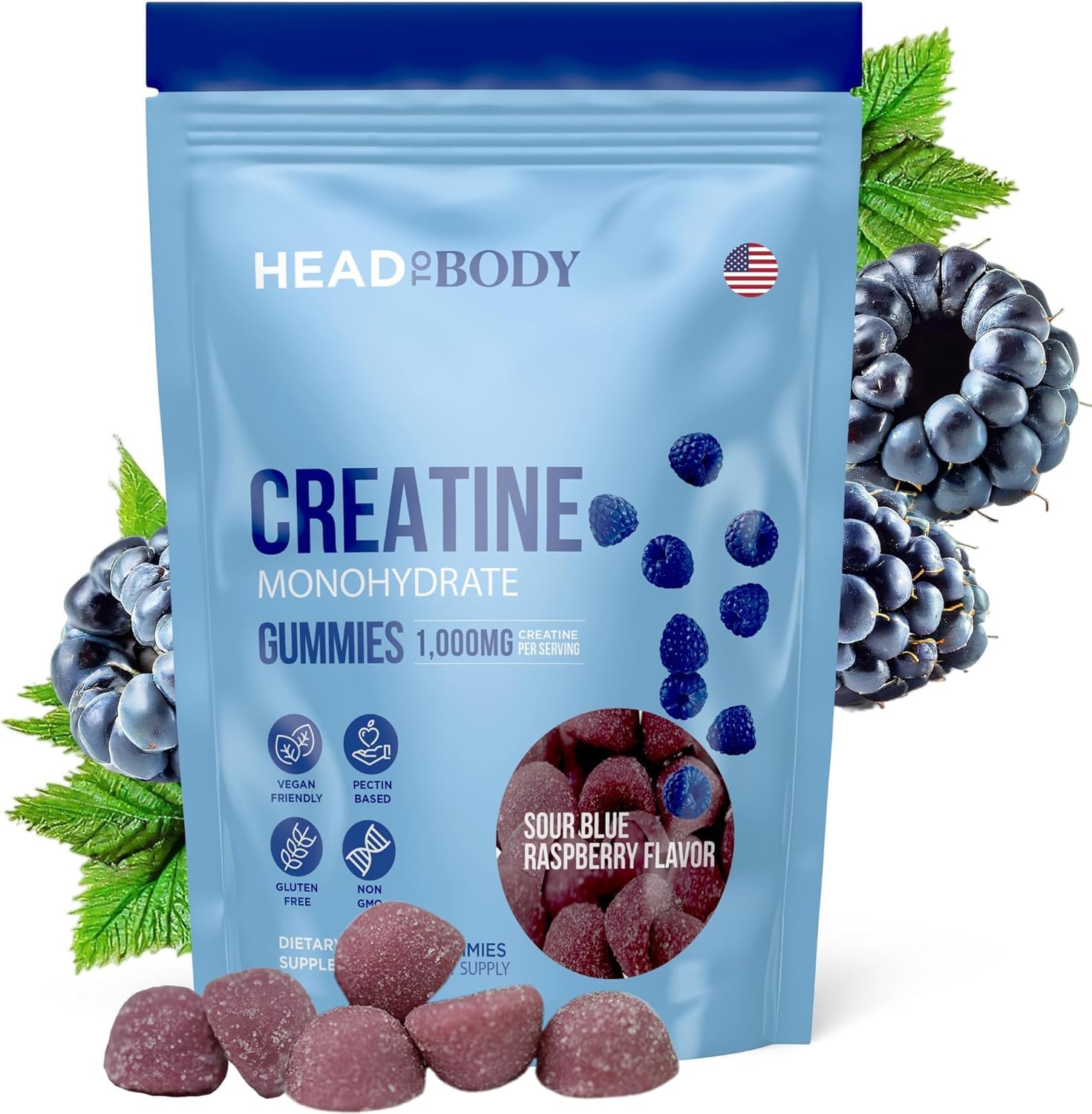 Vegan Creatine Gummies 1000mg Monohydrate Chewables - Strength, Muscle, Focus, Endurance - Non-GMO Supplements - Blue Raspberry, 90 Count