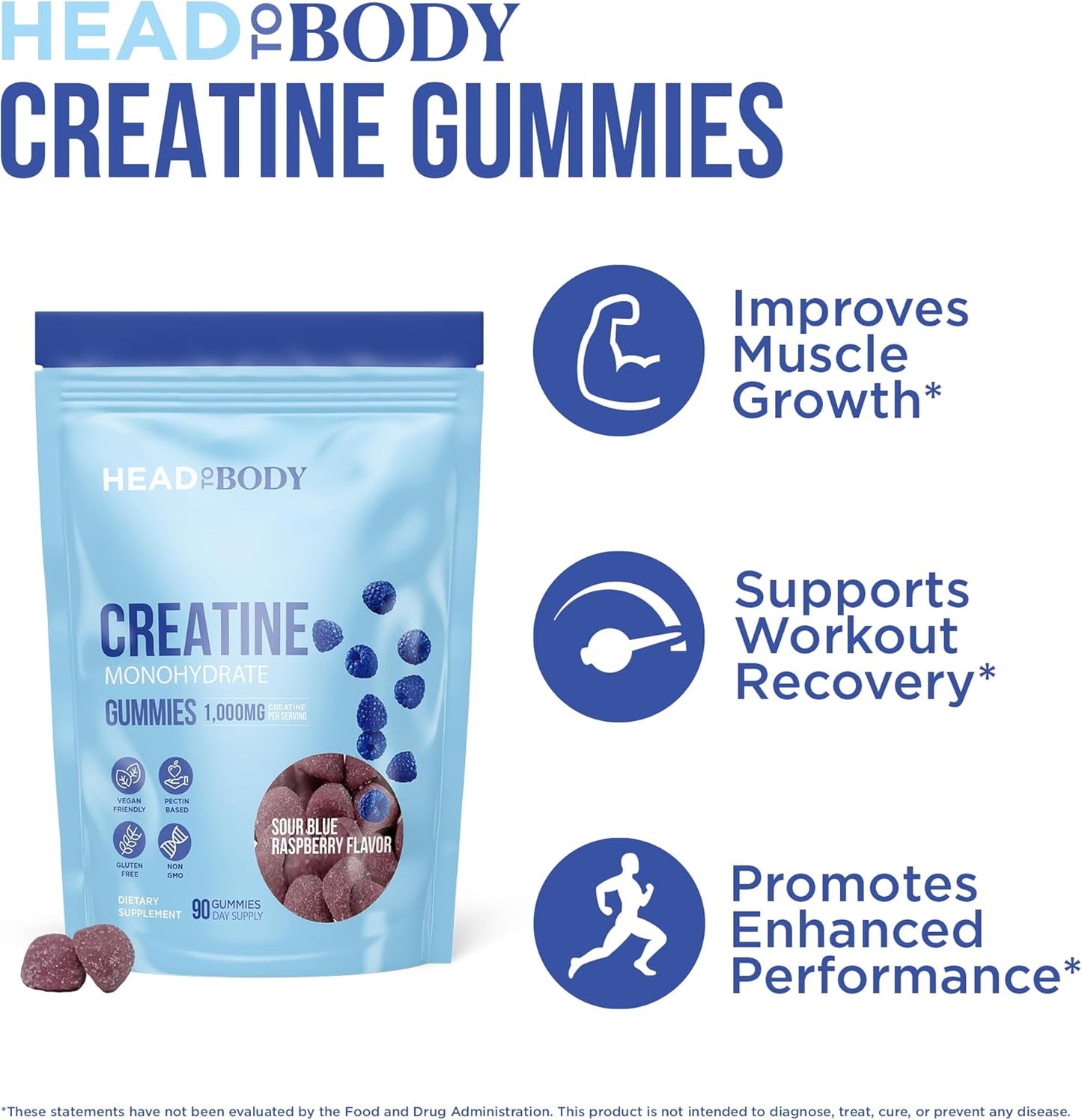 Vegan Creatine Gummies 1000mg Monohydrate Chewables - Strength, Muscle, Focus, Endurance - Non-GMO Supplements - Blue Raspberry, 90 Count