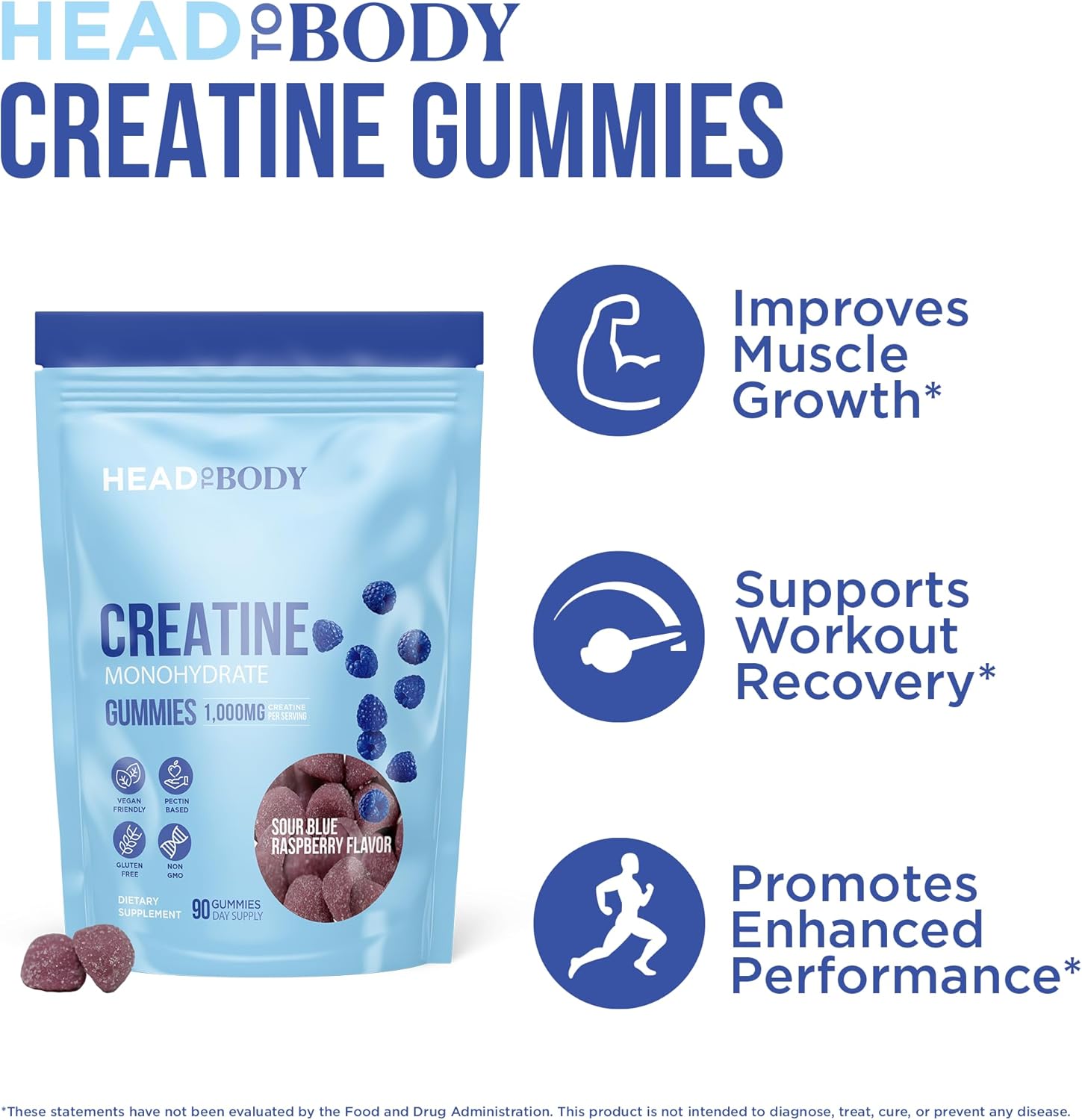 Vegan Creatine Gummies 1000mg Monohydrate Chewables - Strength, Muscle, Focus, Endurance - Non-GMO Supplements - Blue Raspberry, 90 Count
