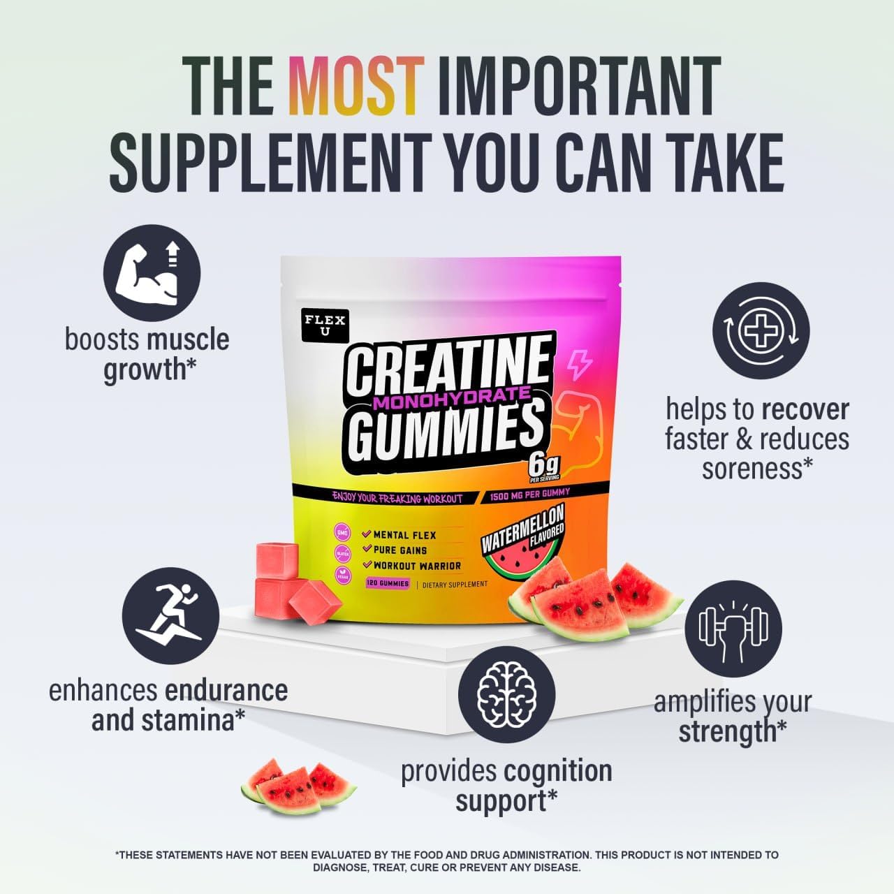 Vegan Creatine Gummies for Pre Workout Energy and Muscle Recovery - 120 Ct Flex University Creatine Monohydrate Chews for Men and Women