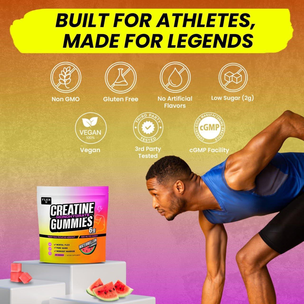 Vegan Creatine Gummies for Pre Workout Energy and Muscle Recovery - 120 Ct Flex University Creatine Monohydrate Chews for Men and Women
