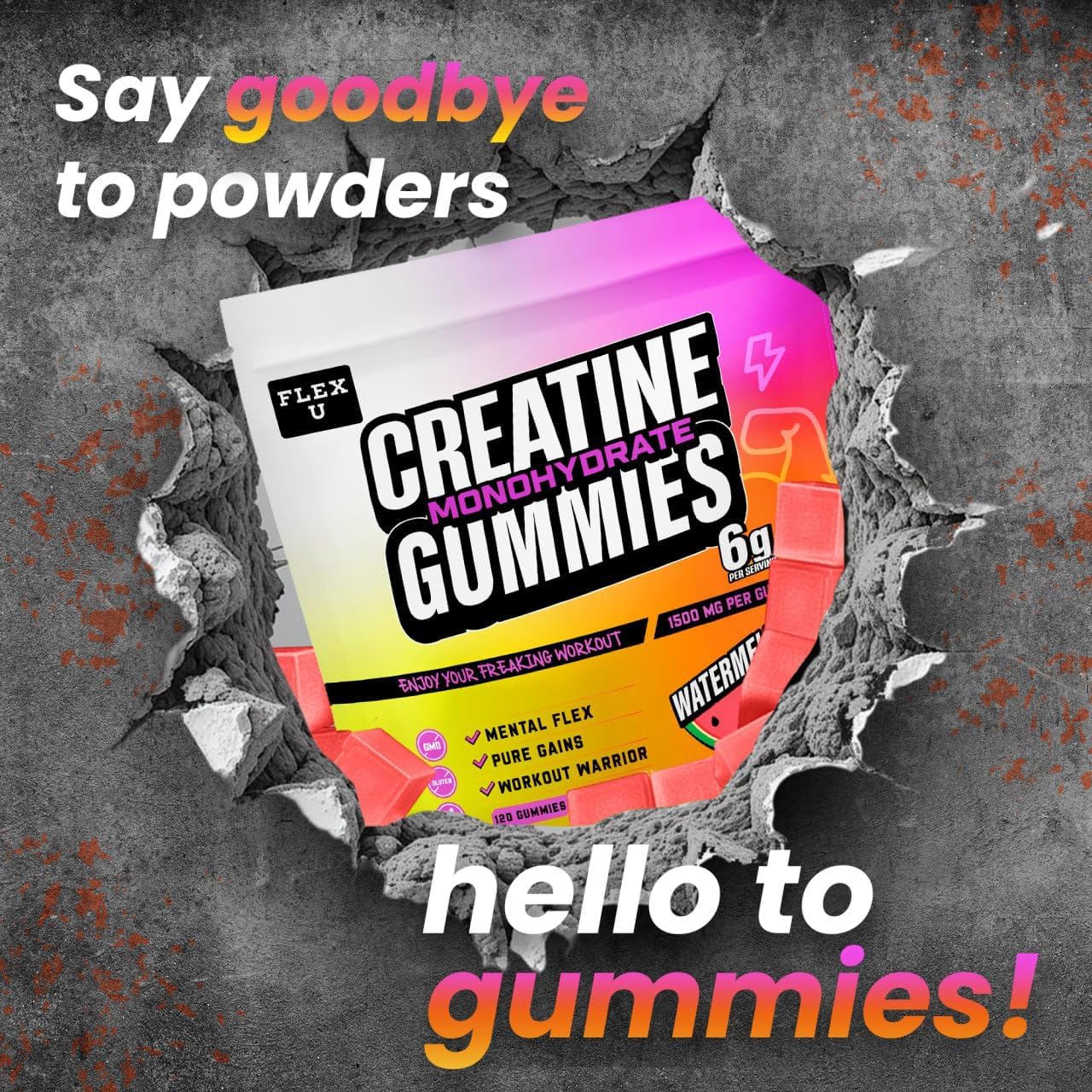 Vegan Creatine Gummies for Pre Workout Energy and Muscle Recovery - 120 Ct Flex University Creatine Monohydrate Chews for Men and Women