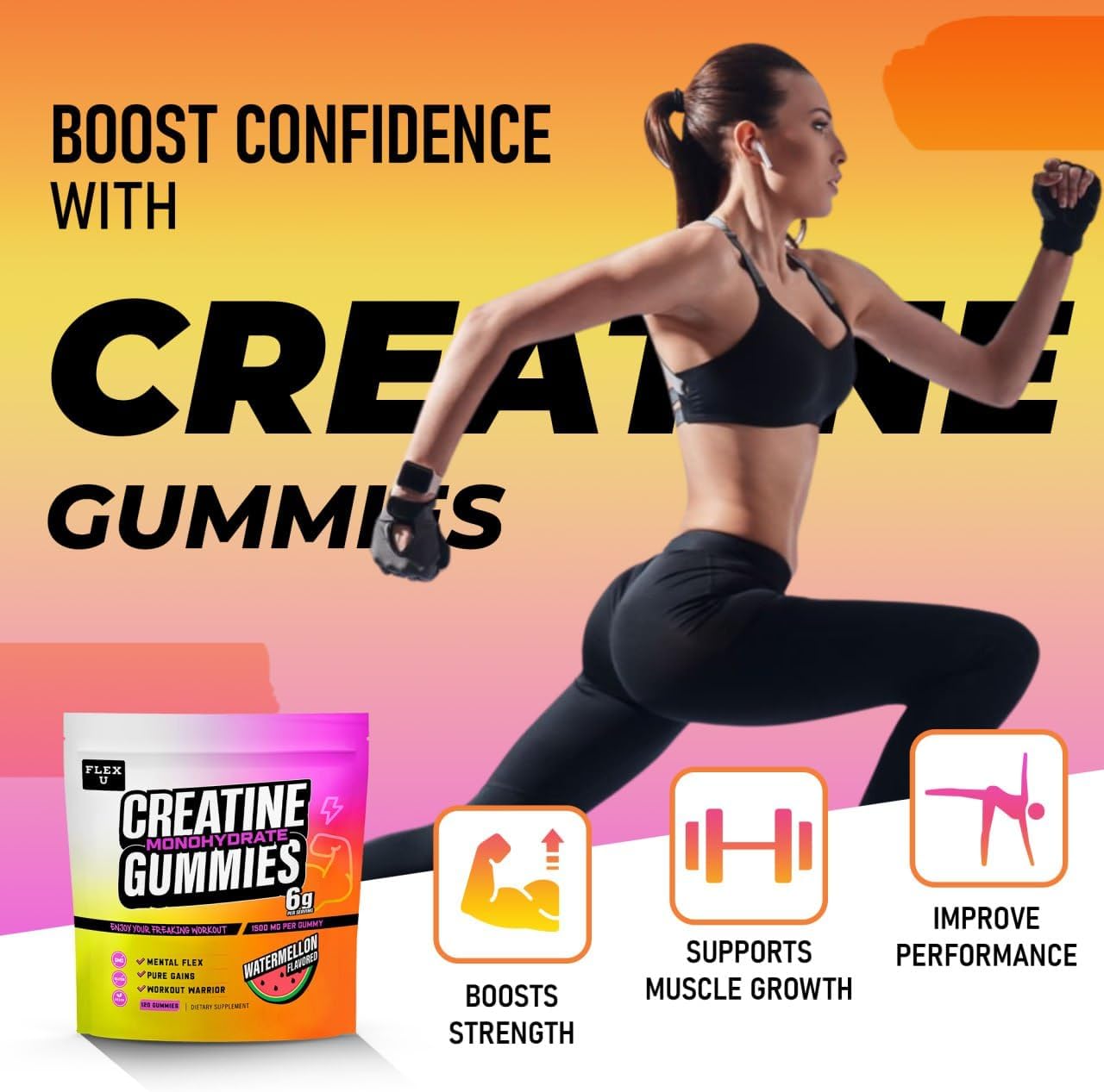 Vegan Creatine Gummies for Pre Workout Energy and Muscle Recovery - 120 Ct Flex University Creatine Monohydrate Chews for Men and Women