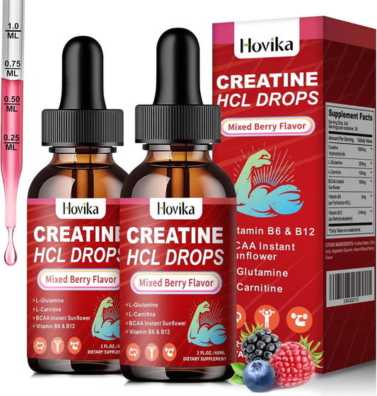 Vegan Creatine HCL Liquid Drops with L-Carnitine, BCAA, & Vitamins for Muscle Growth-Recovery, Mixed Berry Flavor, 4 oz