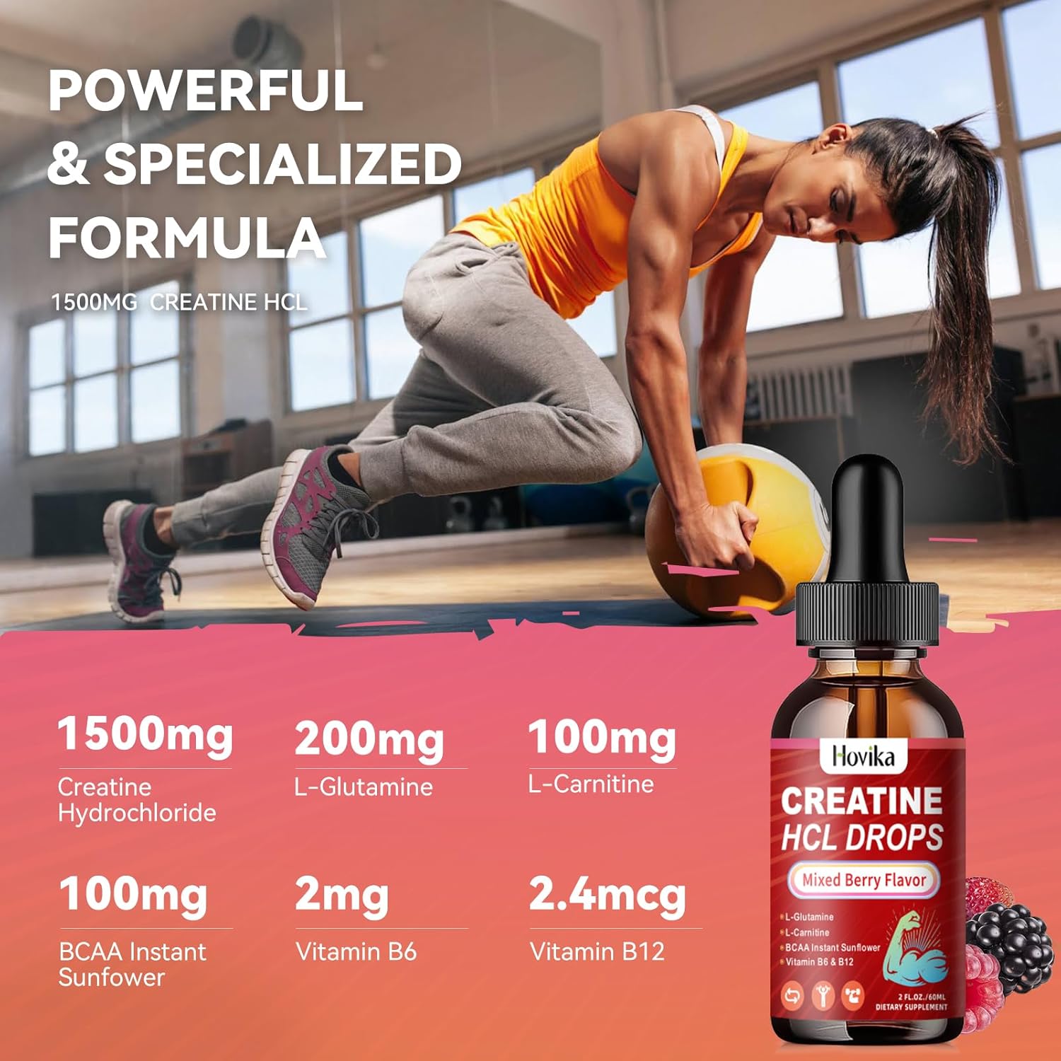 Vegan Creatine HCL Liquid Drops with L-Carnitine, BCAA, & Vitamins for Muscle Growth-Recovery, Mixed Berry Flavor, 4 oz