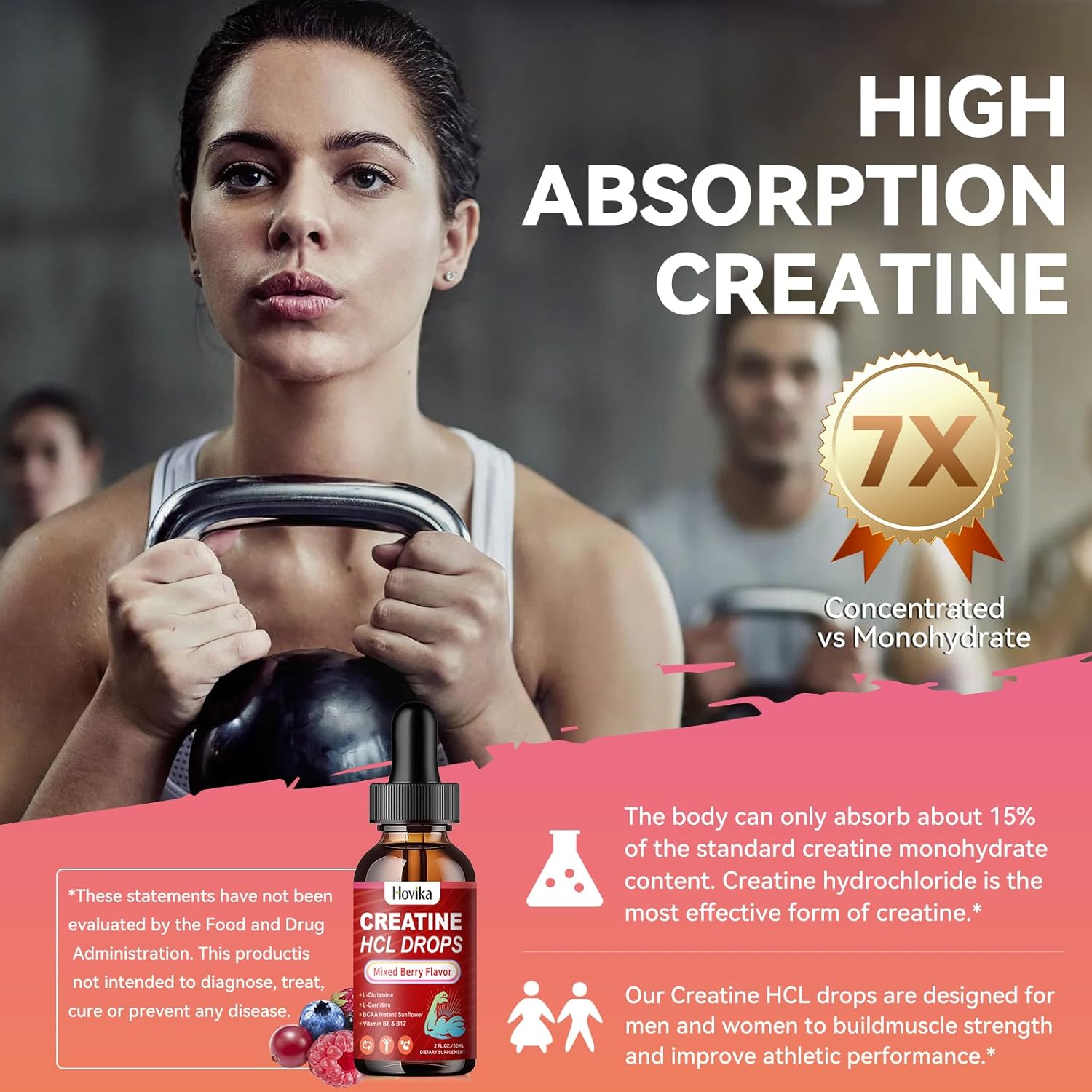 Vegan Creatine HCL Liquid Drops with L-Carnitine, BCAA, & Vitamins for Muscle Growth-Recovery, Mixed Berry Flavor, 4 oz