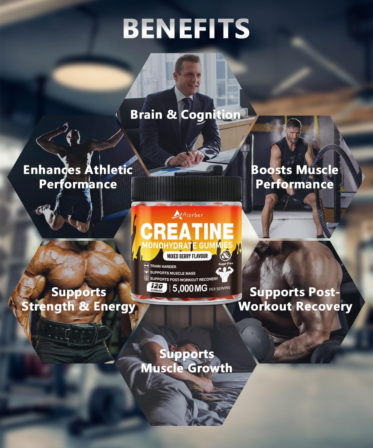 Vegan Creatine Monohydrate Gummies - 5g per Serving for Men & Women, Workout Support, Zero Sugar, 120 Count