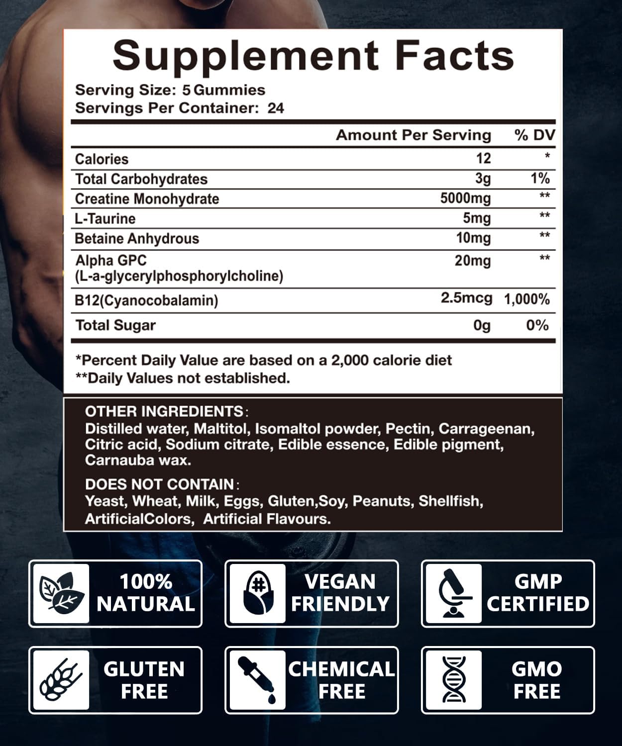 Vegan Creatine Monohydrate Gummies - 5g per Serving for Men & Women, Workout Support, Zero Sugar, 120 Count