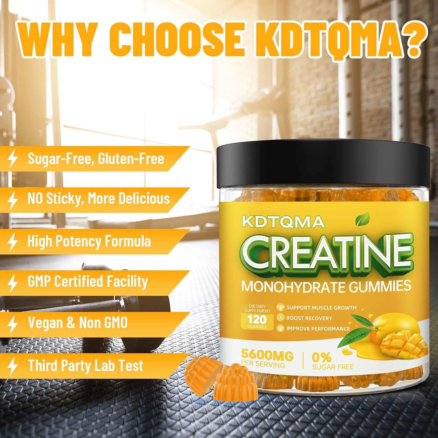 Vegan Creatine Monohydrate Gummies 120 CT - 5600mg per Serving, Mango Flavor Chewable Supplement for Muscle Support & Energy Boost, Sugar-Free for Men & Women