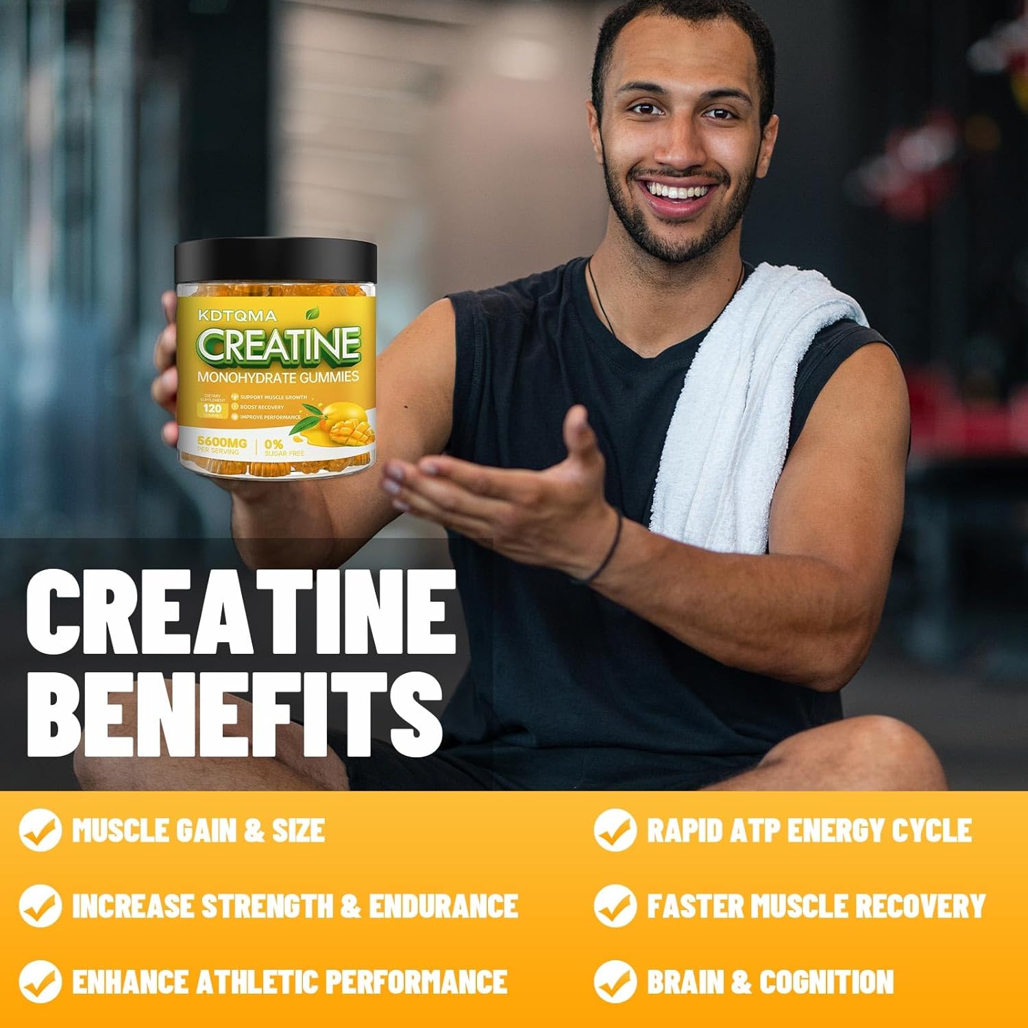Vegan Creatine Monohydrate Gummies 120 CT - 5600mg per Serving, Mango Flavor Chewable Supplement for Muscle Support & Energy Boost, Sugar-Free for Men & Women